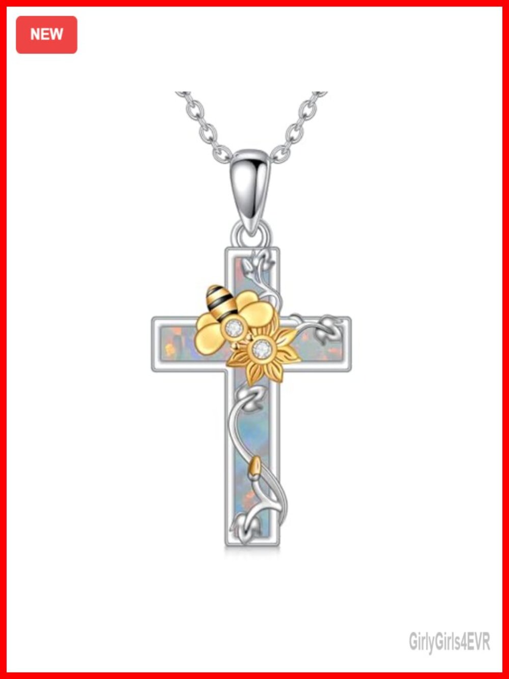 925 Sterling Silver Bee Opal Cross Necklace 18" Pendant Jewelry
